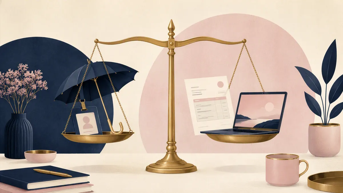 B2B czy umowa o pracę — waga z identyfikatorem i parasolem po jednej stronie, fakturą i laptopem po drugiej