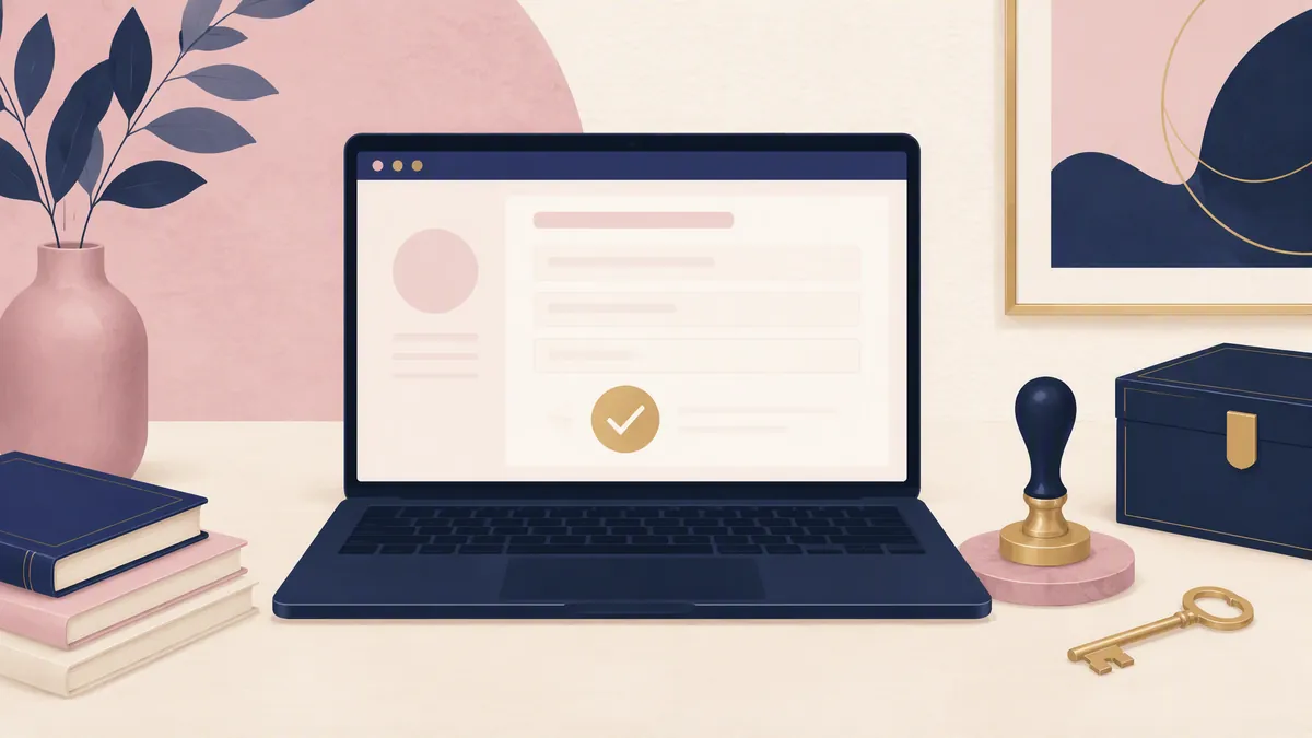 Założenie spółki z o.o. przez S24 — laptop z formularzem online, pieczęć firmowa i klucz
