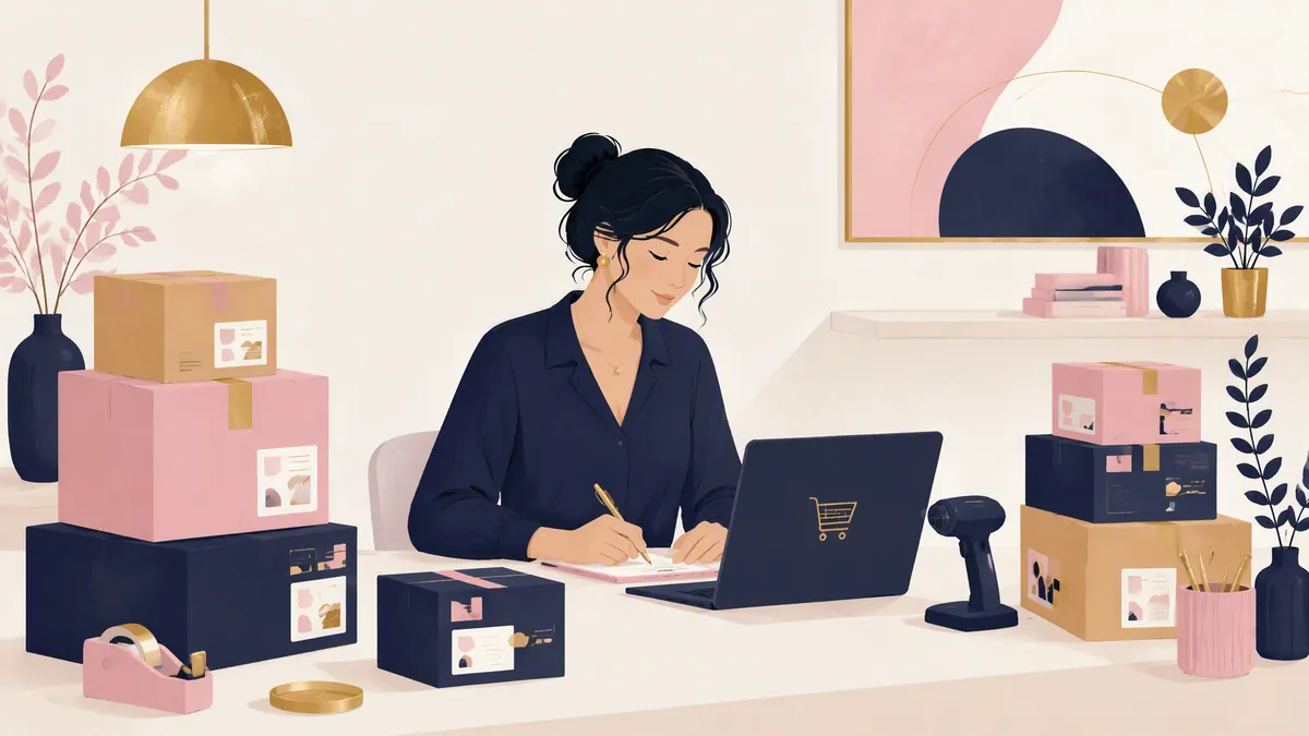 Księgowość dla e-commerce — paczki z etykietami, laptop z ikoną koszyka i skaner