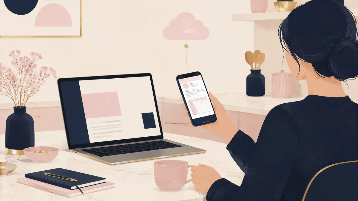 Księgowość online — laptop i telefon ze zdjęciem faktury na kuchennym stole