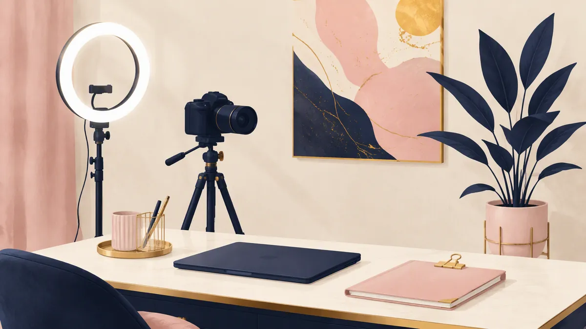 Księgowość dla twórców OnlyFans i kamerek — domowe studio z kamerą, lampą pierścieniową i laptopem z fakturą