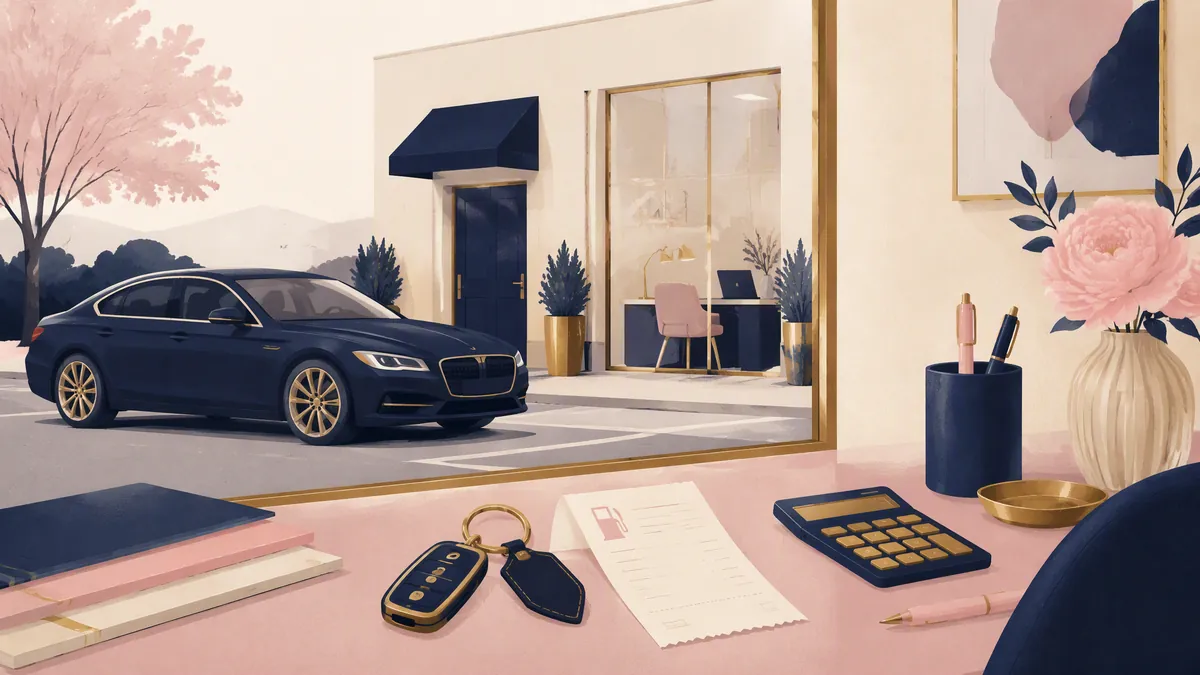 Samochód w firmie 2026 — auto przed małym biurem, kluczyki i paragon za paliwo